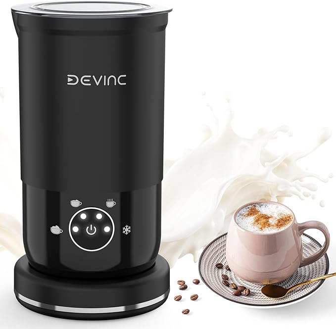 DEVINC Milk Frother, 4-in-1 Milk Frother and Steamer, Hot and Cold Foam Maker and Milk Warmer with Auto Shut-Off, Electric Frother for Coffee, Latte, Cappuccino, Matcha