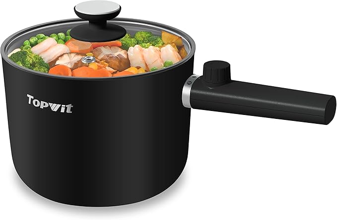 Topwit Hot Pot Electric, 1.5L Ramen Cooker, Portable Non-Stick Frying Pan, Electric Pot for Pasta, Steak, BPA Free, Electric Cooker with Dual Power Control, Over-Heating & Boil Dry Protection, Black