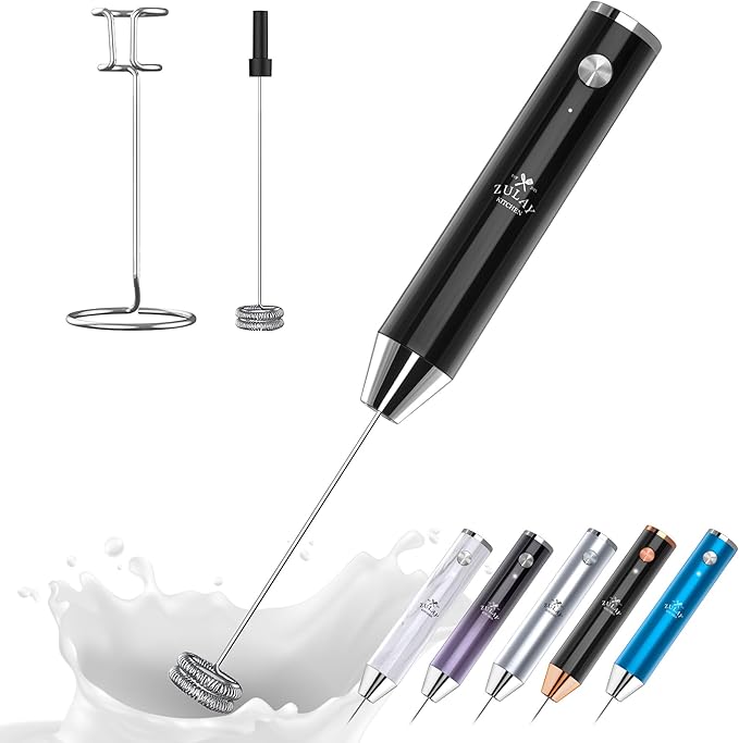 Zulay Kitchen Lux Electric Milk Frother Rechargeable Handheld - Powerful 2-Speed Motor, Waterproof, 2000mAh Battery - Lux Coffee Frother for Protein Powder, Drink Mixer Wand & Matcha Mixer
