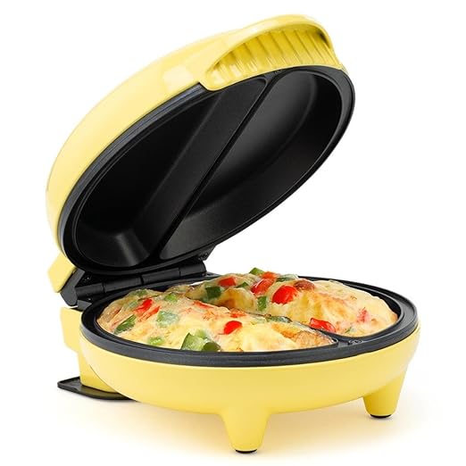 Holstein Housewares Stainless Steel 2 Section Omelet & Frittata Maker, Non Stick Coating, Easy To Clean, Indicator Lights, Compact Storage, Prepare Versatile Recipes in Minutes. 2 Portions, Yellow