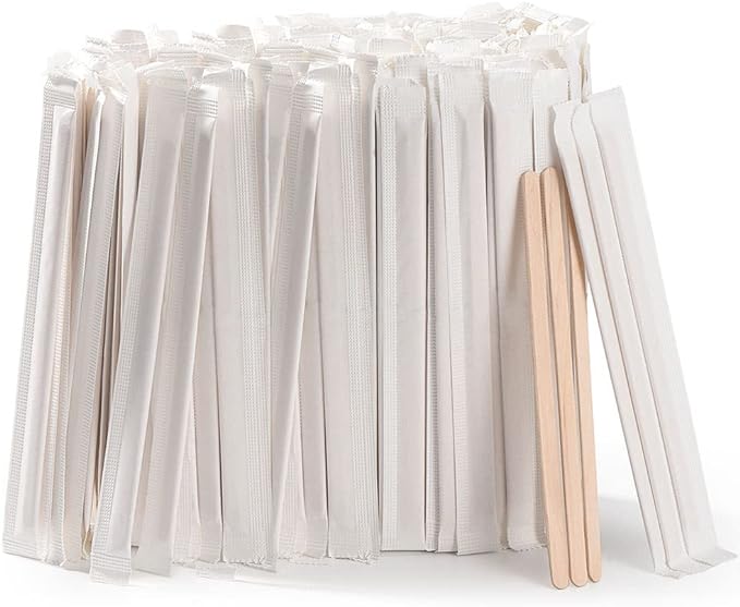 MFJUNS 500pcs Individually Wrapped Wooden Coffee Stirrers - 5.5" Coffee Stir Sticks, Round End Disposable Stir Sticks, For Coffee, Cocktail and Hot Drinks