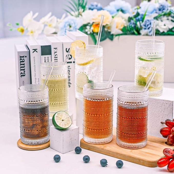 Hobnail Drinking Glasses Vintage Glassware SetVintage Glassware Set (6CLEAR-ADD STRAWS)