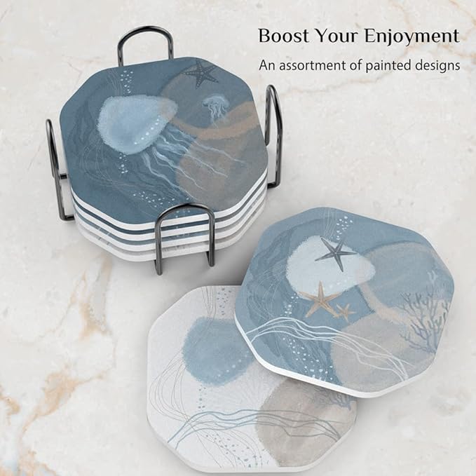 UMIRRO Ceramic Stone Coasters for Drinks Absorbent with Holder, Coastal Themed Design for Beach Lovers, Ocean Inspired Stoneware Cup Coasters for Wooden Coffee Table, 4", Octagonal, Blue, 6 Pack