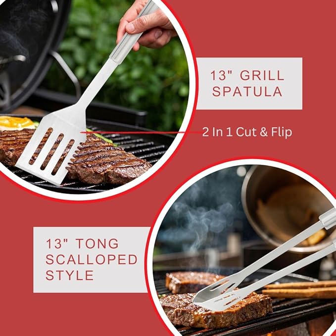 Stainless Steel BBQ Grill Tool Set - Barbecue Accessories & Utensils Sets - 4 Piece Spatula, Tongs, Cleaning Brush, Fork - 13.5" Barbeque Tools Kit - Gift for Grilling Lover Men Outdoor & Kitchen