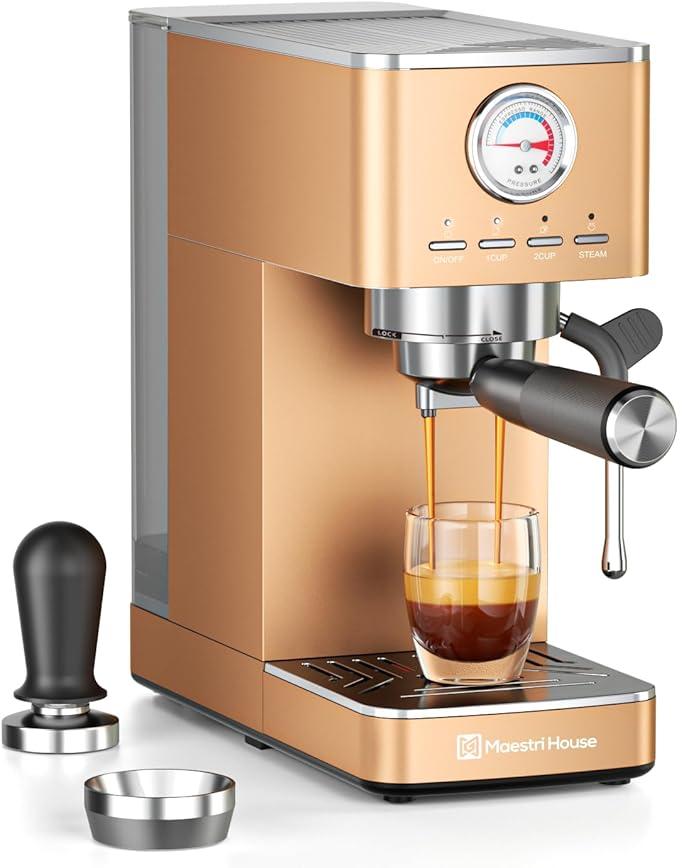 Maestri House 20 Bar ULKA Pump Espresso Machine, Compact Espresso Maker Built-in Flow Meter Steam Milk Frother, Stainless Steel Coffee Machine for Cappuccino, Latte, Rose Golden