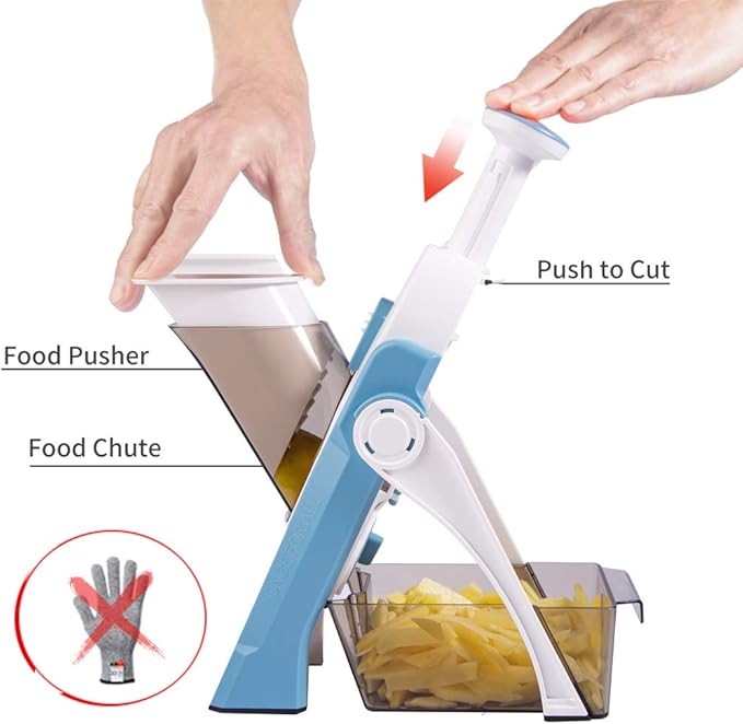 ONCE FOR ALL Safe Mandoline Slicer 5 in 1 Vegetable Cutter, Strips Julienne Dicer Adjustable Thickness 0.1-8 mm for Kitench Fast Meal Prep (Light Blue)
