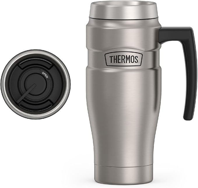 THERMOS Stainless King Vacuum-Insulated Travel Mug with Handle - 16oz, Matte Steel - Thermos Tumbler for Hot & Cold Drinks - Leak-Proof & Sweat-Proof Stainless Steel Coffee Mug with Lid for Commuting