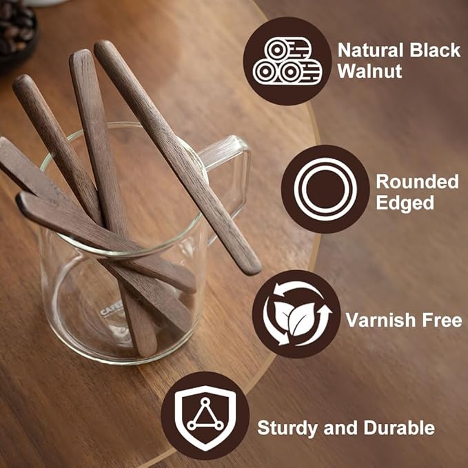 Black Walnut Wood 4Pcs Coffee Stirrers 6″ Reusable & Multifunctional for Coffee, Drinks, Tea, Milk, Oatmeal, Crafts and Oil, butter spreader Great for jam, jelly, peanut butter etc.