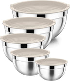 P&P CHEF Mixing Bowls with Airtight Lids Set of 5, 10-Piece Stainless Steel Mixing Nesting Bowl, Metal Bowl with Lid for Kitchen Prepping & Storing, Size 4.6, 3, 1.5, 1, 0.7 QT, Khaki