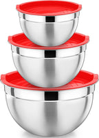 P&P CHEF Red Mixing Bowls with Lids, Set of 3, Stainless Steel Salad Nesting Bowl for Mixing, Storing, Prepping, Airtight & Stackable, Size 4.6/3 /1.5 QT
