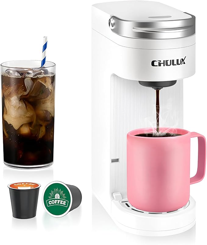 CHULUX Slim Single Serve Coffee Maker for K Pod, One Cup Coffee Maker Fits 7.3" Travel Mugs, Coffee Machine with 6 to 12oz Brew Sizes, Pearl White