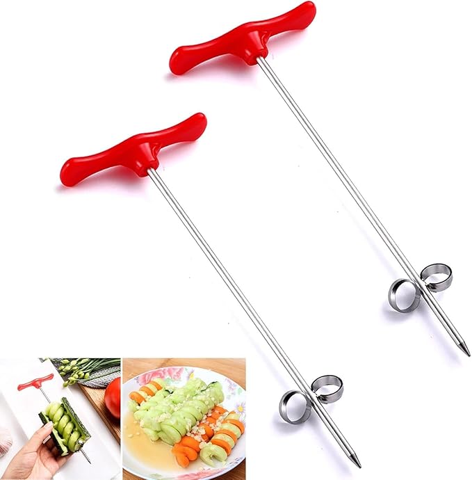 2 Pack Red Manual Vegetable Spiral Knife Kitchen Tool - Stainless Steel Screw Slicer for Carrots - Cucumbers, Zucchini, Potatoes, Apples, Salad Chopper & Fruit Corer Spiralizer (6.5 inches)