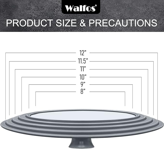 Universal Lid for Pots, Pans and Skillets - Walfos Tempered Glass Pan Lid with Heat Resistant Silicone Rim, BPA Free Large Pot Lids Fits 8" to 12" Diameter Cookware, Dishwasher-Safe, Grey