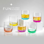 JoyJolt Hue Colorful Whiskey Set of 6, 10oz Drink Glasses, Double Old Fashioned Glass, Modern Whiskey Glass Set for Bar, Low Ball Cocktail Tumbler Glasses