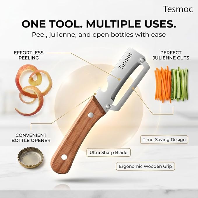Multifunctional Fruit and Vegetable Peeler,Premium Stainless Steel Blade,Wooden Handle Hand Tool with Bottle Opener,Julienne Peeler for Potato,Cucumber,Orange,Pineapple,Veggie (2)