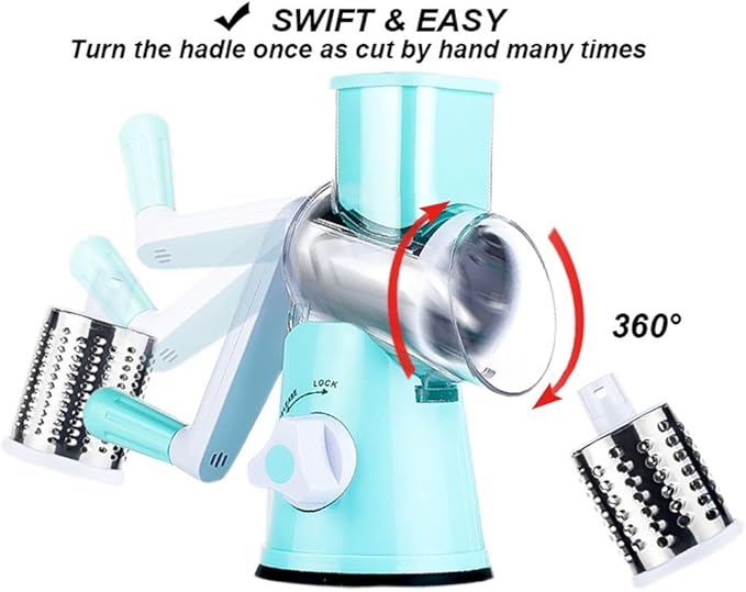 Cambom Rotary Cheese Grater Hand Crank Cheese Shredder for Fresh Cheese, Vegetable, Nuts,Non-slip Suction Base, Free Cleaning Brush Three Blades, Blue