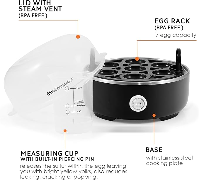 Elite Gourmet EGC115B Easy Egg Cooker Electric 7-Egg Capacity, Soft, Medium, Hard-Boiled Egg Cooker with Auto Shut-Off, Measuring Cup Included, BPA Free, Classic Black