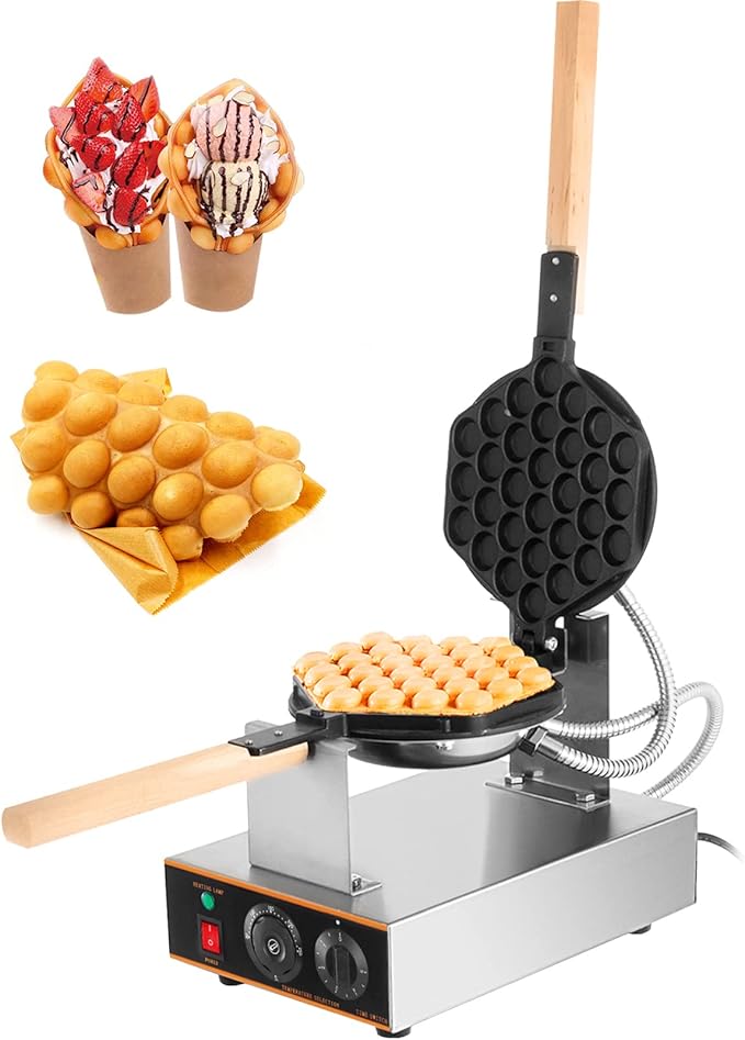 VEVOR Commercial Bubble Waffle Maker, 1400W Egg Bubble Puff Iron w/ 180° Rotatable 2 Pans & Wooden Handles, Stainless Steel Baker w/Non-Stick Teflon Coating, 50-250℃/122-482℉ Adjustable