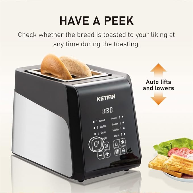 Touchscreen Toaster 2 Slice, KETIAN Bagel English Muffins Toast Pastry Waffles Grain Sweet Bread Toaster, Extra Wide Slots Single Slot Toasting Automatic Lifting, 1400w (Black)