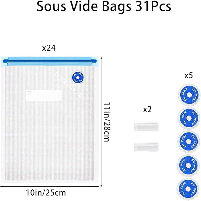 Sous Vide Bags 31 Pcs (24 Pcs Vacuum Zipper Bags & 2 Seal Clips & 5 Air Valves), Reusable BPA Free Vacuum Sealer Bags (11 * 10 in) Vacuum Food Storage Bags for Cooking/Food Storage/Microwave Heating