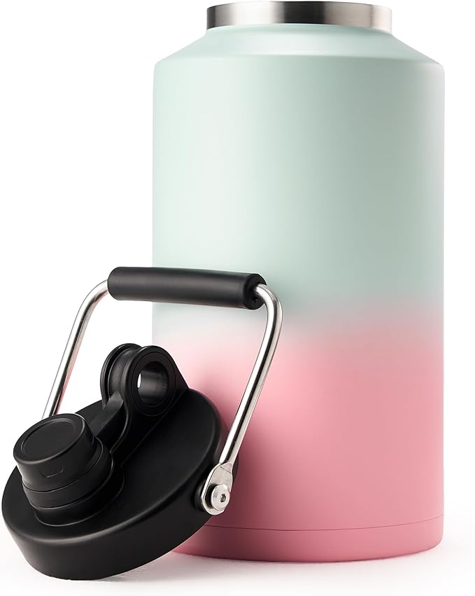 Kerilyn Insulated Gallon Jug with Handle, One Gallon, 128oz Stainless Steel, Large Double Vacuum Water Bottle for Hot & Cold Drinks, Wide Mouth, Sweat Proof, Great for Travel, Camping, Tricolor