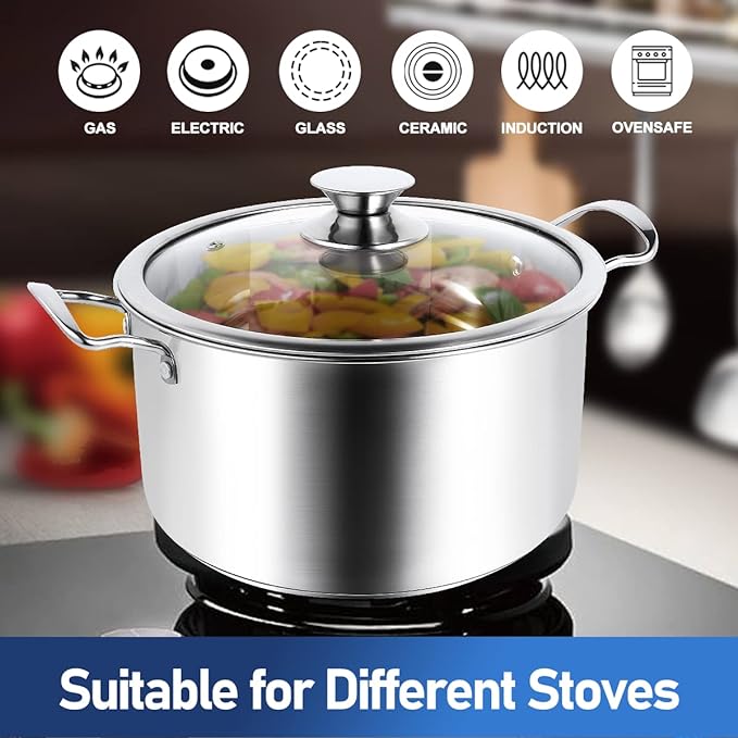 Aufranc 10-Piece Pots and Pans Set, Stainless Steel Cookware Set- Includes Ergonomic Handle Saucepans, Skillets, Dutch Oven, Stockpot, Steamer & More - Premium Pots and Pans for Home Chefs