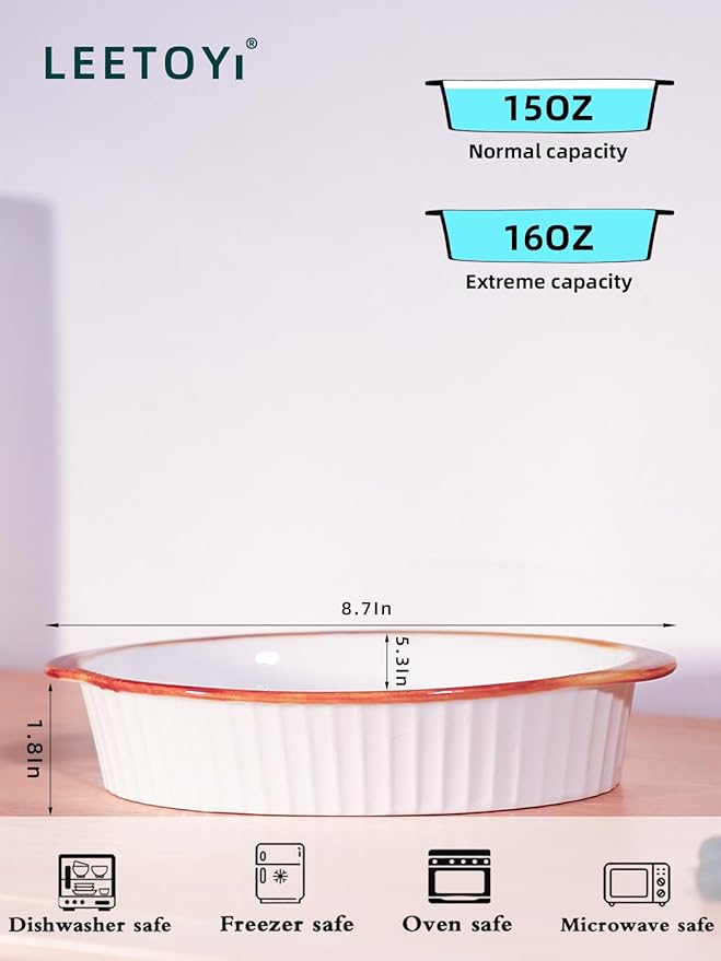 LEETOYI Porcelain Small Oval Au Gratin Pans,Set of 4 Baking Dish Set for 1 or 2 person servings, Bakeware with Double Handle for Kitchen and Home (White/Brown)