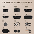 KIKCOIN 22 Pcs Pots and Pans Set Non Stick, Detachable Handle Cookware Sets Nonstick, RV Kitchen Cooking Set with Removable Handles, Frying Pans - Induction/Dishwasher/Oven Safe (Black)