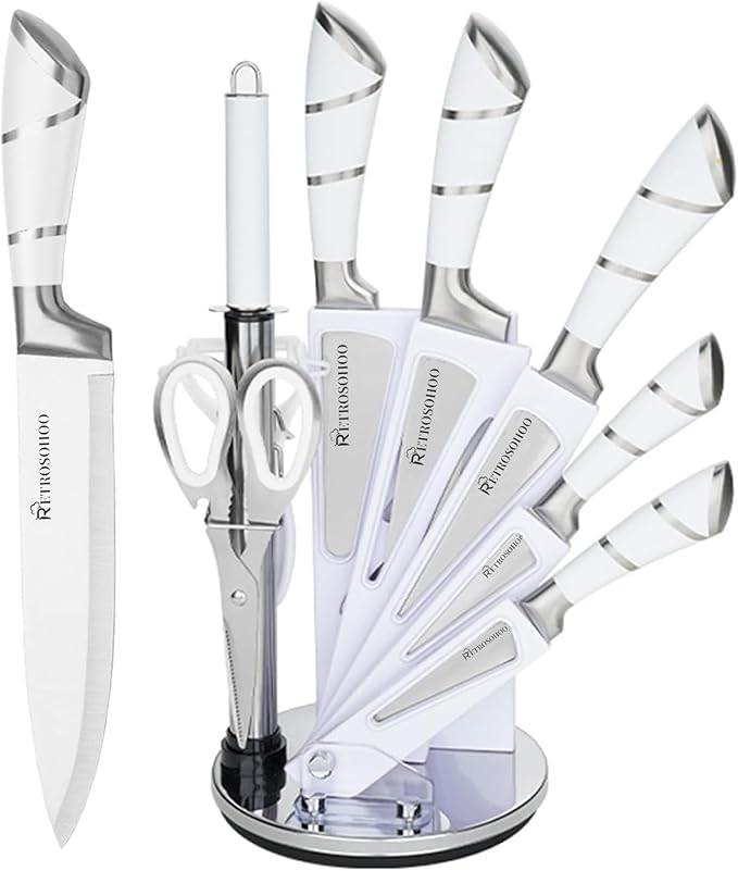 Kitchen Knife Set, Retrosohoo 9-Piece White Sharp Non-Stick Coated Chef Knives Block Set,Stainless Steel Knife Set for Kitchen with Sharpener for Cutting Slicing Dicing Chopping (White)