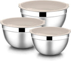 E-far Mixing Bowls with Lids, 6-Piece Stainless Steel Salad Bowls Metal Nesting Bowls for Baking Cooking and Prepping, Airtight Lids & Stackable Design, Size 4.5, 3, 1.5 QT (Khaki)