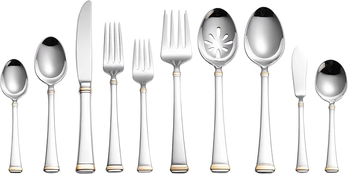 Mikasa Gold Accent Harmony Flatware Set for 12, 65 Piece 18/10 Stainless Steel Silverware with Gold-Trimmed Handles and Serving Utensils, Elegant Dinnerware Service