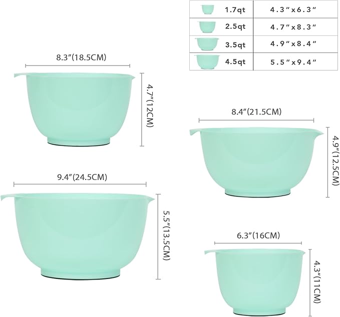 BoxedHome Nesting Plastic Mixing Bowl Set, 4 Piece Mixing Bowl Set with Pour Spouts, Size 1.7, 2.5, 3.5 and 4.5qt, for Prepping, Mixing, Baking, Cooking(2023 New Version, Green)