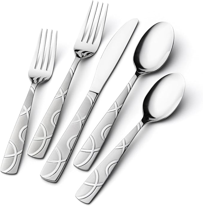 HIKAA 60PCS Stainless Steel Silverware Set, Modern Flatware Set for Kitchen, Mirror Polished Cutlery Set with Forks, Spoons and Knives，Dishwasher Safe