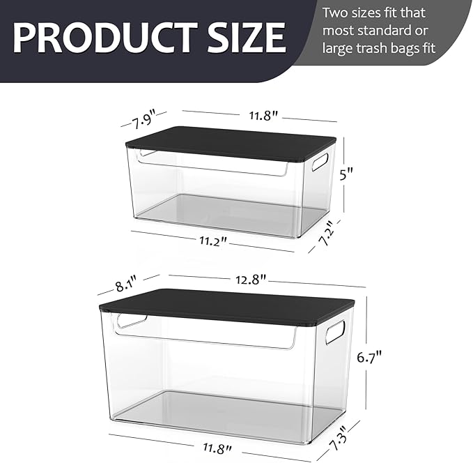 2 Pack Trash Bag Holder Under Sink Stackable, Plastic Garbage Bag Dispenser with Lid, Trash Bag Storage Dispenser Roll Holder for Kitchen, Pantry, Laundry Room Organization (Black Lid)