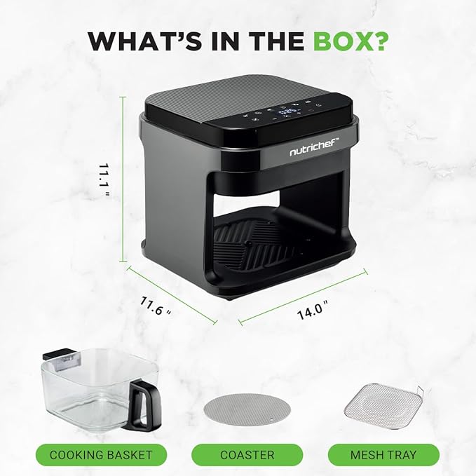 Nutrichef 5.8 Quart Air Fryer | 8-1 Preset Cook Modes | Transparent Fry Bowl for Best Cooking Results | Cook Shrimp, Steak, Fries, Wings, Chicken & More | Precise Temperature Control & Time | Grey