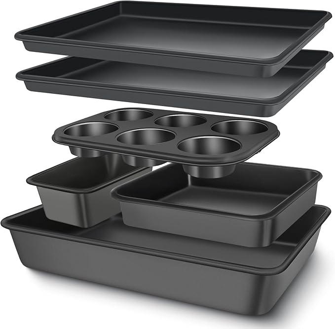 Baking Pans Set, Nonstick Bakeware Sets, Oven Pans for Cooking, AIVIKI 6 Pieces Baking Sheets Set Including Cookie Sheet, Deep Roaster Pan, Square Pan, Loaf Pan, Muffin Pan, Carbon Steel Baking Set