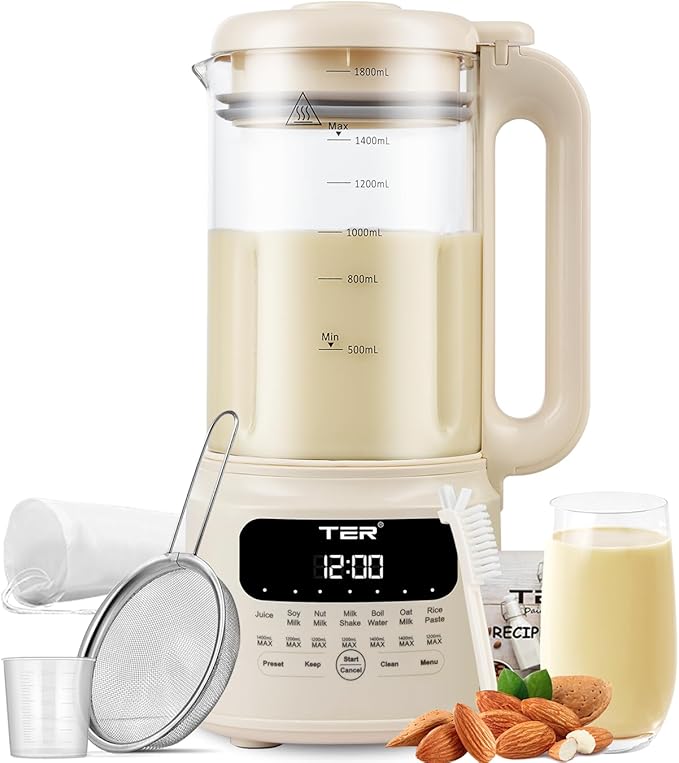 TER Nut Milk Maker Machine, 10-in-1 Soy Milk Maker for Almond/Oat/Soy Milk, Juice, Milkshake, Rice Paste, Auto Clean/24H Preset Time/12H Keep Warm, with 7 Accessories, Beige