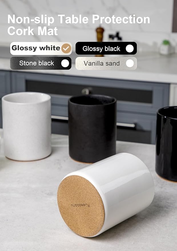 Nucookery Utensil Holder, 6.4" Ceramic Kitchen Utensil Holder with Countertop-Protection Cork Bottom, Farmhouse Kitchen Decor for Counter, Gift (White)