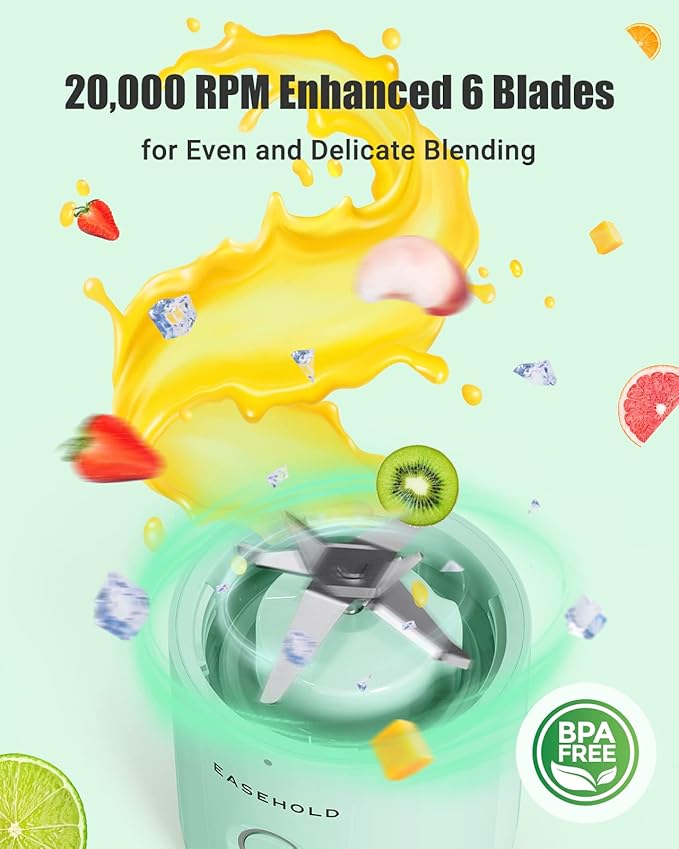 EASEHOLD Portable Personal Blender for Smoothies Shakes, Fresh Juice Mini Fast Blender on the go with 6 Blades, Rechargable Single BPA Free for Sport, Kitchen, Travel,Camping (Green)