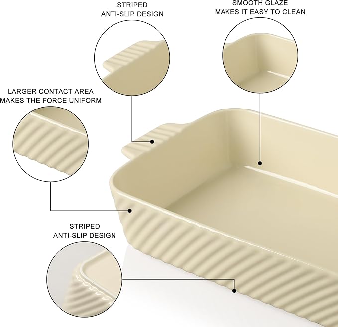 Sweejar Ceramic 13 x 9 Baking Pan, Cake Baking Dish for Brownie, Porcelain Striped Casserole Dishes for Oven with Handle for Lasagna, Family Dinner(Beige)
