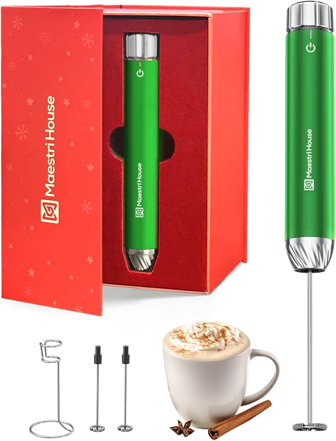 Maestri House LunaFro Max Rechargeable Milk Frother with Stepless Speed Control, Handheld Electric Foam Maker with Stand and Detachable Whisks for Lattes and Cappuccino, Ideal Gift, Christmas Green