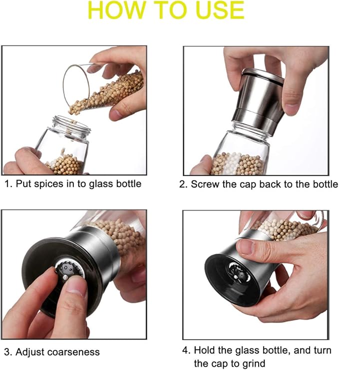 Mincham Manual Salt or Pepper Grinder for Professional Chef, Best Spice Mill with Stainless Steel Cap, Ceramic Blades and Adjustable Coarseness, Refillable Glass Body with 6OZ Capacity