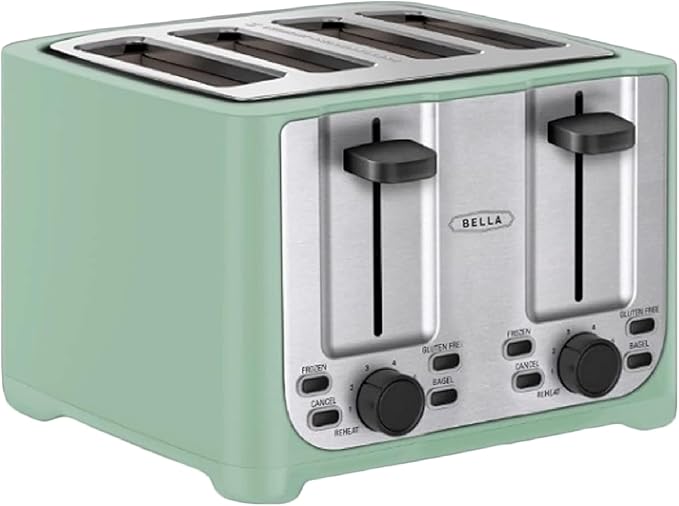 BELLA 4 Slice Toaster with Auto Shut Off - Extra Wide Slots & Removable Crumb Tray and Cancel, Defrost & Reheat Function - Toast Bread & Bagel, Sage