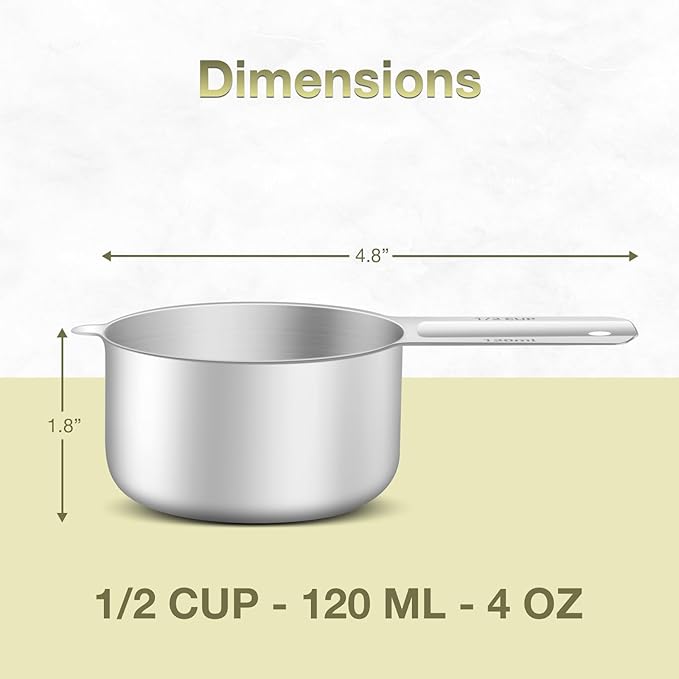1PCS 1/2Cup (120ml, 4oz) Single Measuring Cup, Etched Inner Scale Stainless Steel Measure Scoop, Metric and US Measurement, Dishwasher Safe