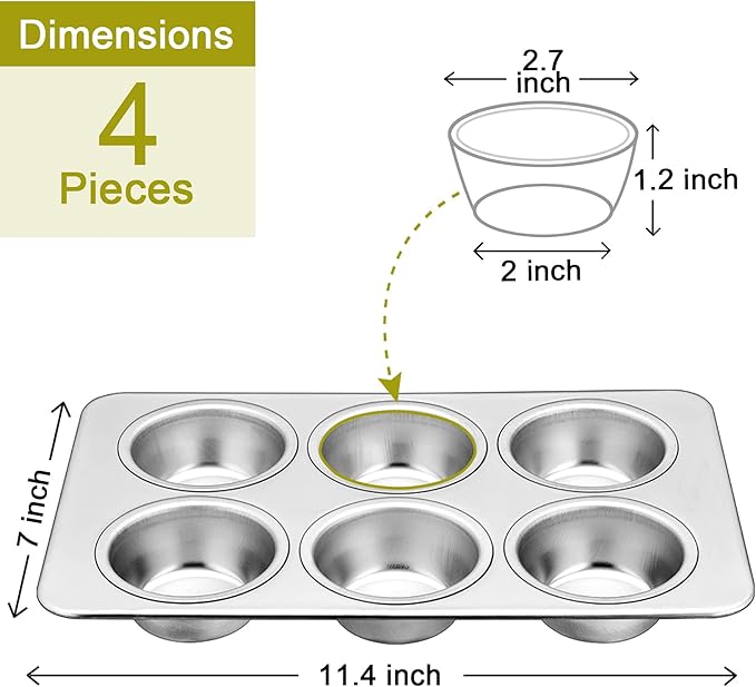 P&P CHEF Muffin Pan Cupcake Baking Pan Set, Stainless Steel Muffin Tin Tray for Mini Cake Tart Quiche, Oven & Dishwasher Safe, Non-toxic & Heavy-duty, (6 Cup, 4Pcs)
