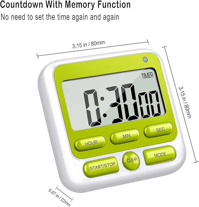 KTKUDY Digital Kitchen Timer with Mute/Loud Alarm Switch ON/Off Switch, 12 Hour Clock & Alarm, Memory Function Count Up & Count Down for Kids Teachers Cooking, Large LCD Display, Strong Magnet (Green)