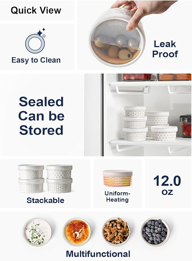 LE TAUCI Ramekins Oven Safe with Lids, 12 oz Ramikin Set for Creme Brulee, Souffle, Dipping Sauce, Onion Soup, Ceramic Food Storage Container - 5 inch, Set of 4, Arctic White