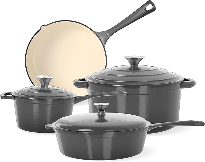 Kitchen Academy 7Pcs Enameled Cast Iron Cookware Sets - Non Toxic Pots and Pans Set, Grey Induction Nonstick Cookware Set, PFOA&PFAS Free