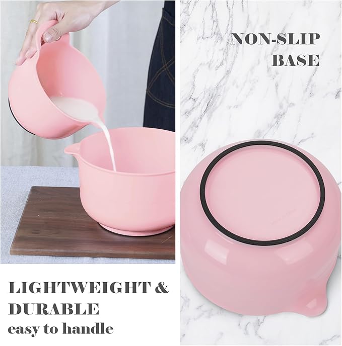 BoxedHome 4 Pack Nesting Mixing Bowl with Pour Spout and Handle, BPA free Microwave & Dishwasher Safe(Pink, 4 Pack with Handle)