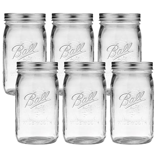 Ball Wide Mouth Glass Mason Jars with Lids and Bands, Used for Canning, Pickling, Juice, Jam, Jelly, Quart Size 32 Ounce (Pack of 6)
